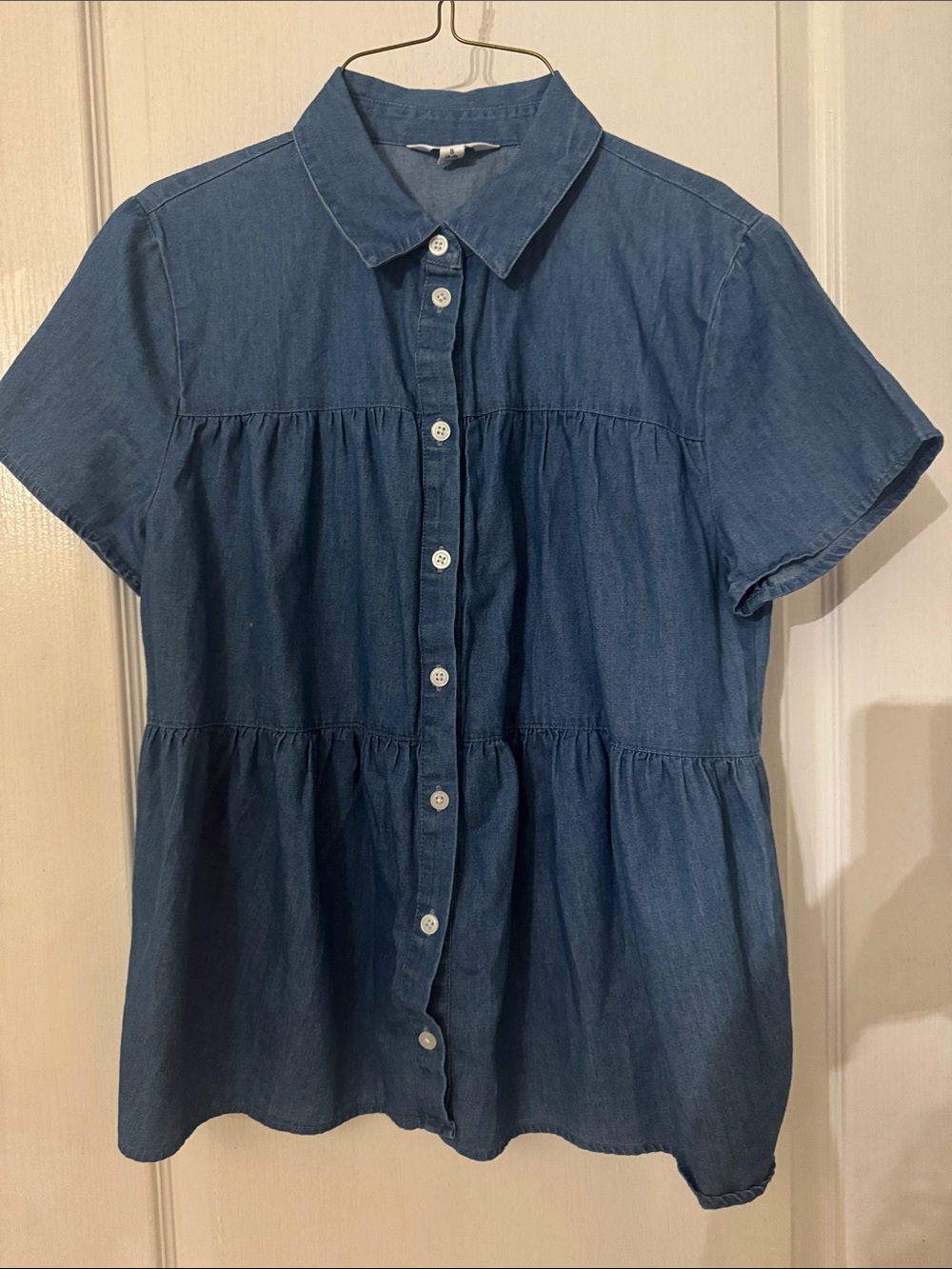 Time and Tru Blue Denim Tiered Button-Front Short Sleeve Shirt